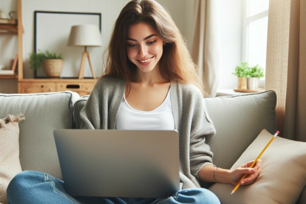 A young woman learning online.