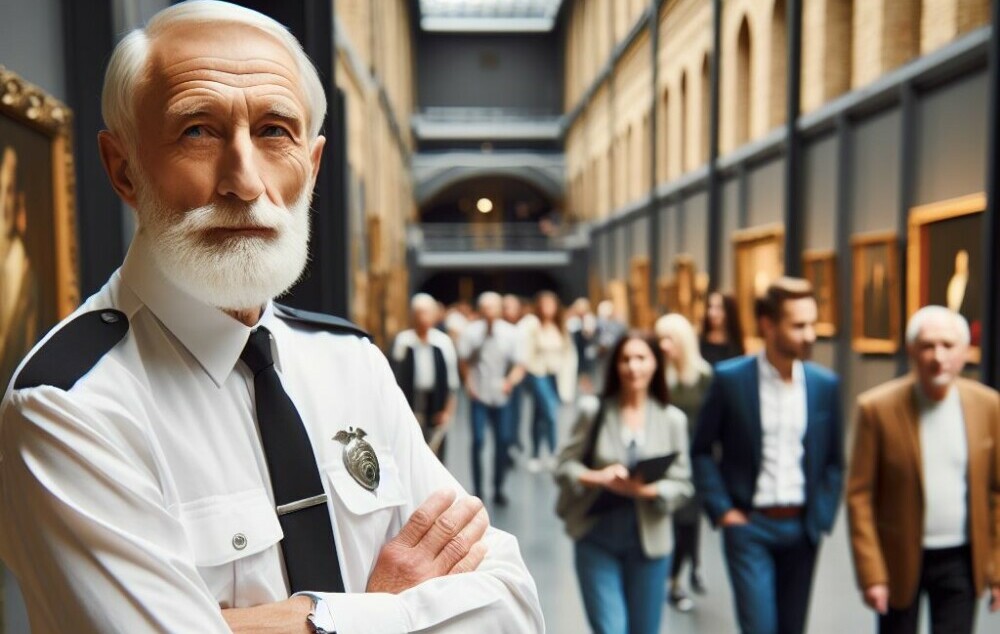 A security guard watching over a museum crowd.