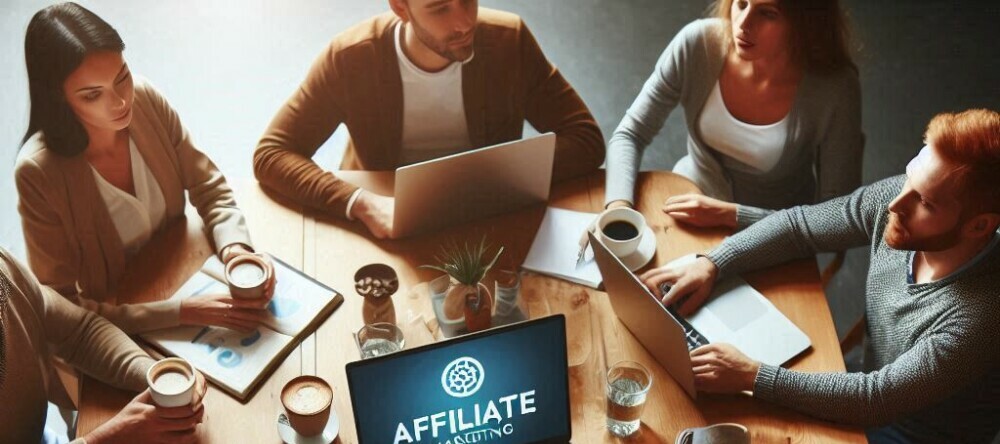 Five people sitting at a table discussing affiliate marketing.