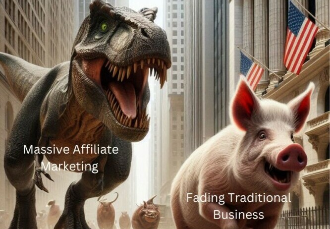 T-Rex as a massive affiliate marketing business chasing a fading traditional model of business portrayed as a hog running down Wall St.