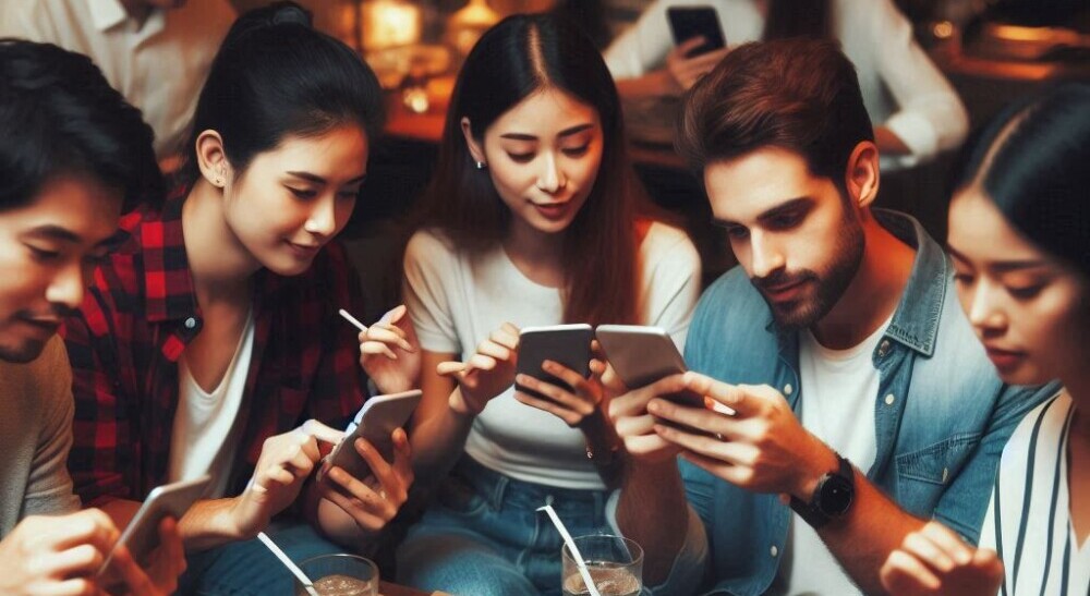 A group of people engaging on social media on their smartphones