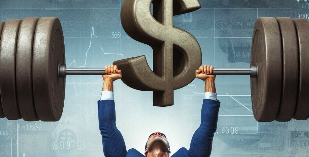 A muscular businessman lifting a very heavy dollar sign.