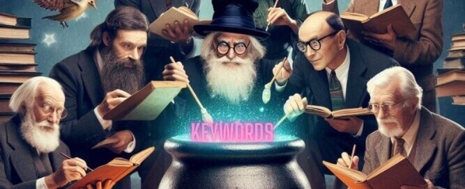 a group of famous writers sprinkling secret words into a magic cauldron