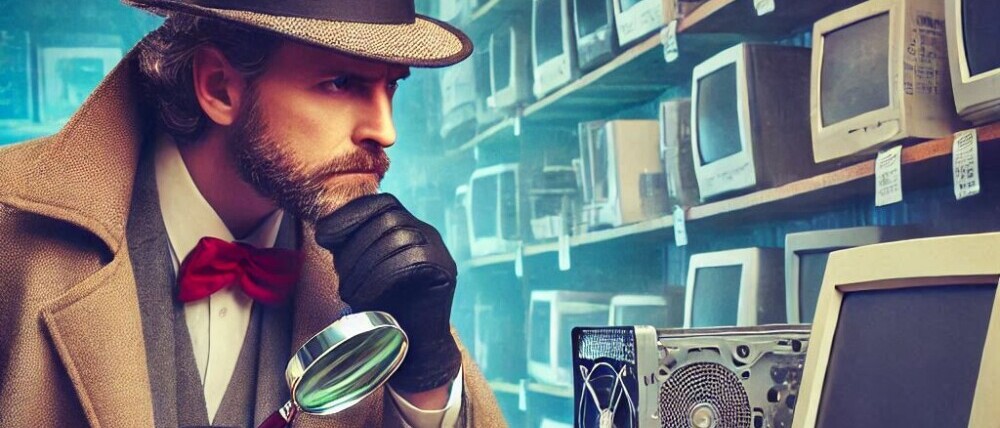 an old timey sleuth with a magnifying glass searching in a computer store for clues