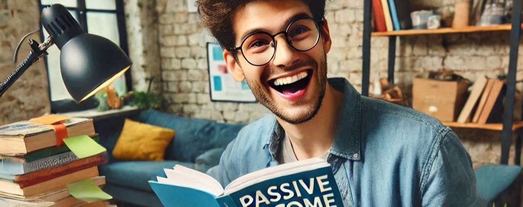 A passive income geek smiling and holding a book