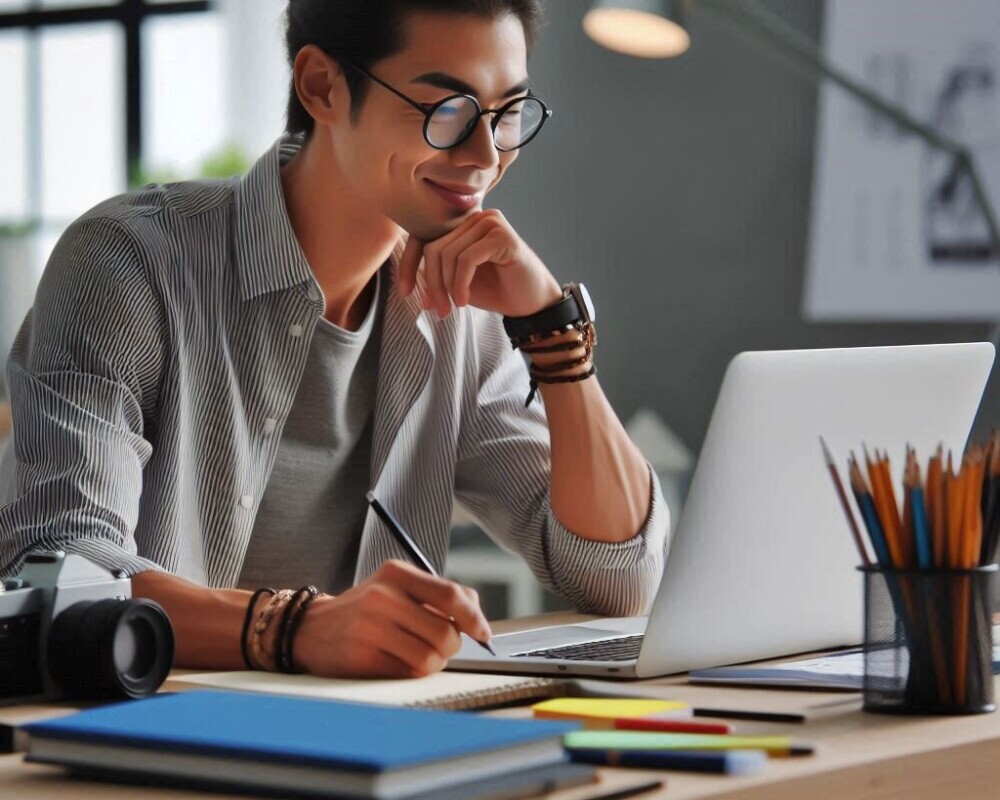 A freelance writer sitting at his laptop practicing his craft.