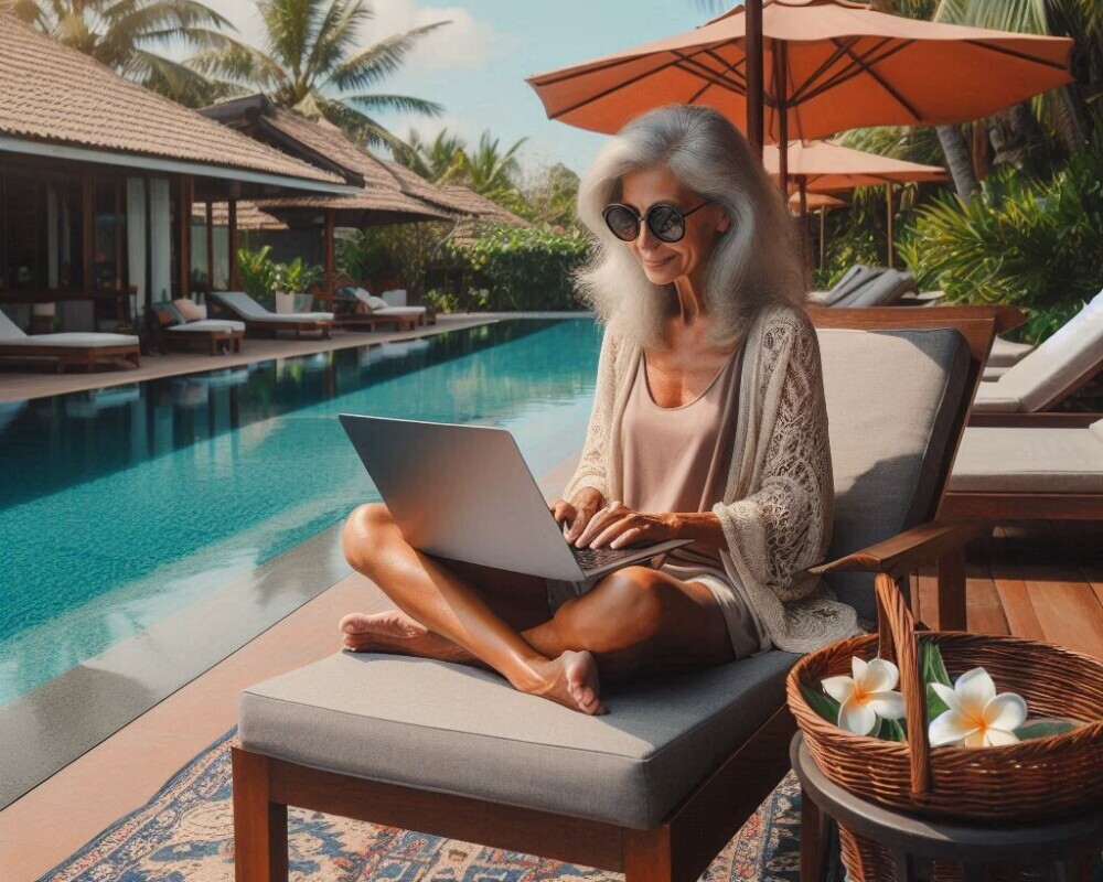 a retired freelance blogger sitting under a large shade umbrella with her laptop while poolside in a tropical setting