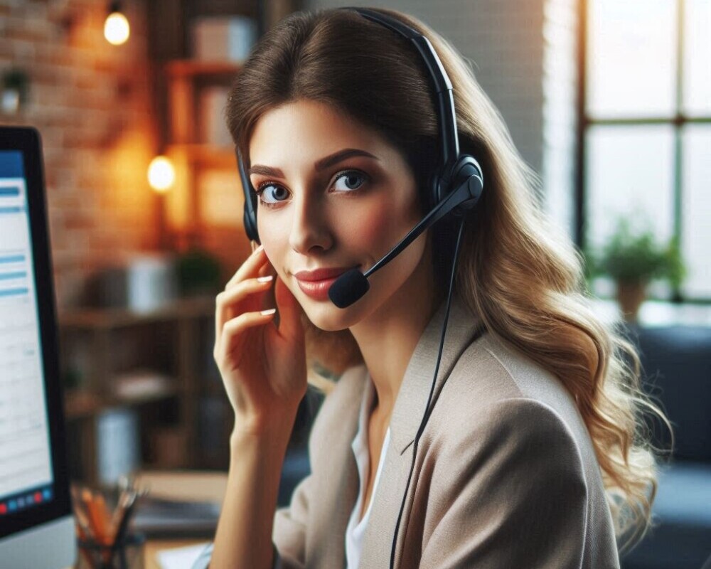 A social media manager talking on her headset while she practices her craft.