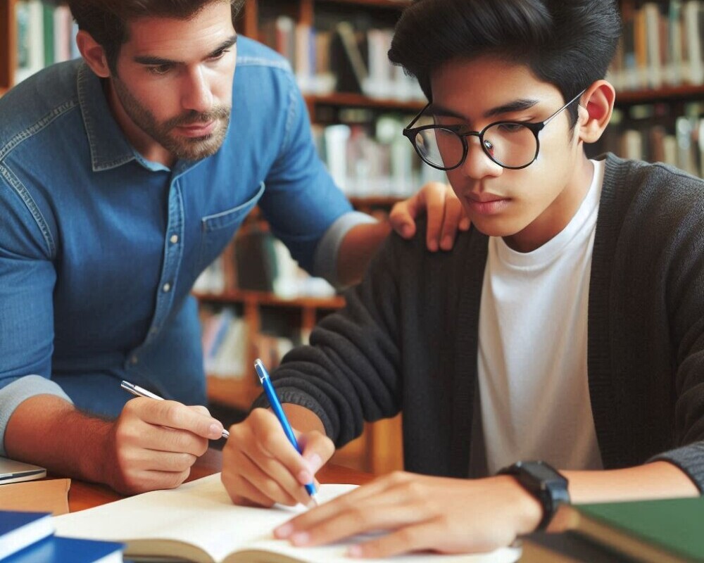 A student working as a tutor in a library with another student.