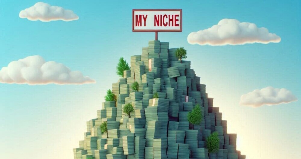 A mountain of money with the words my niche on top.