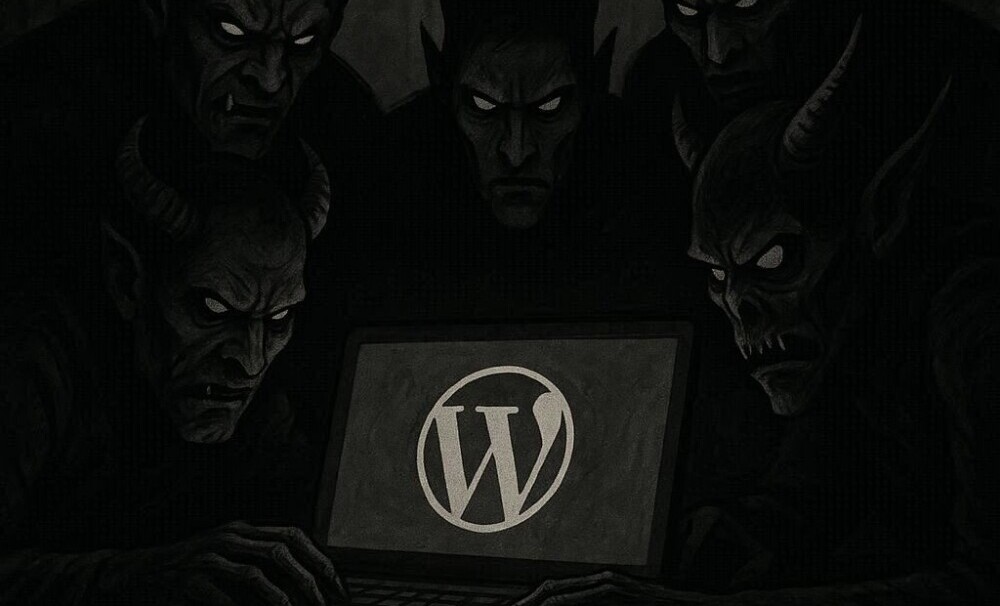 A group of demons, as hackers, trying to hack into a WordPress site. The scene is stark and worrisome.