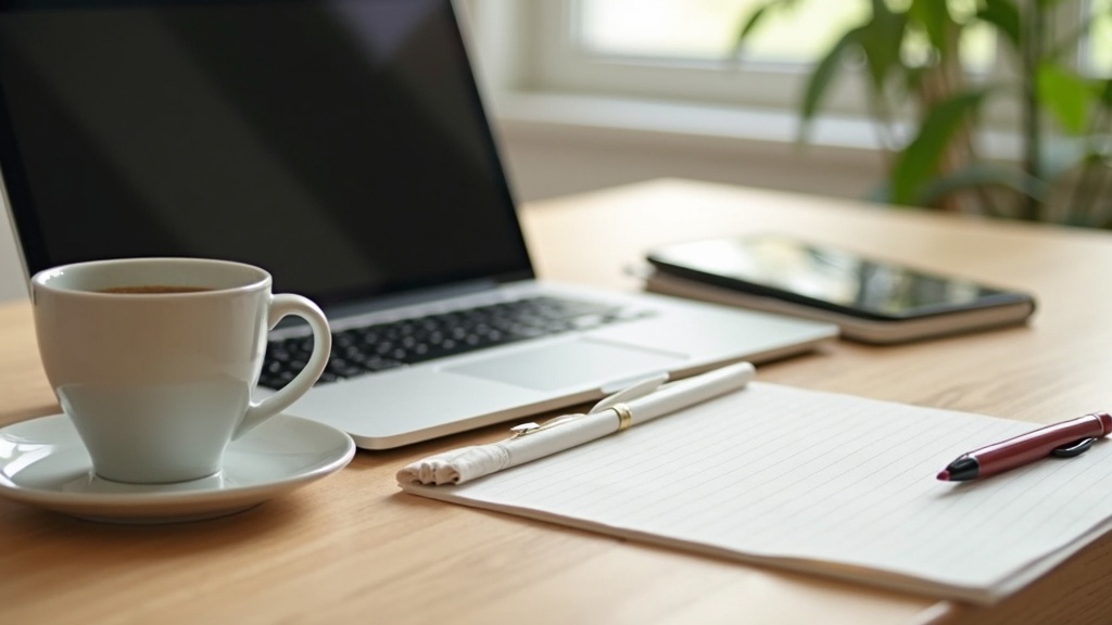 Retiree workspace with laptop, coffee, and notepad