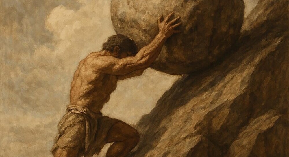 Sisyphus pushing his boulder up a mountain.hill.